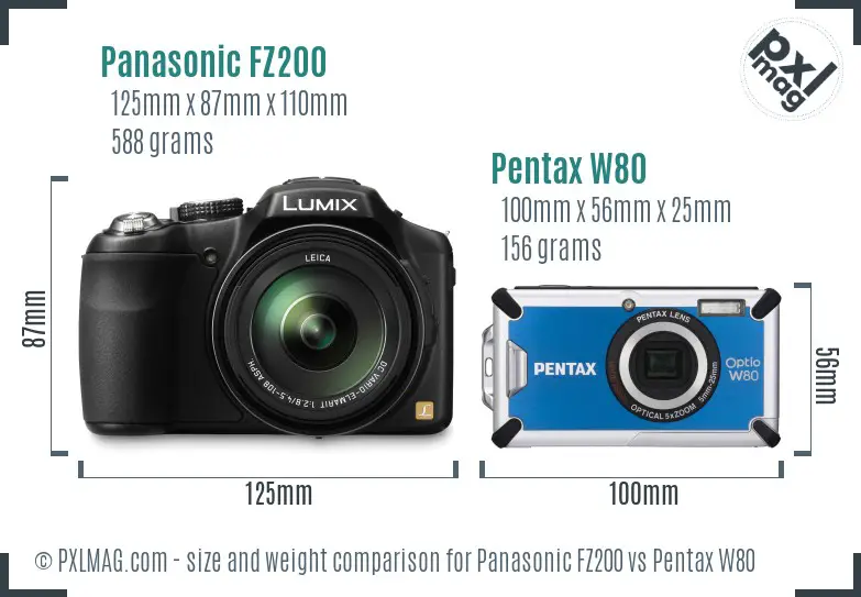 Panasonic FZ200 vs Pentax W80 size comparison