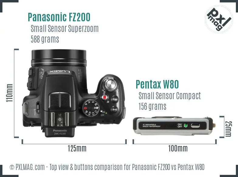 Panasonic FZ200 vs Pentax W80 top view buttons comparison