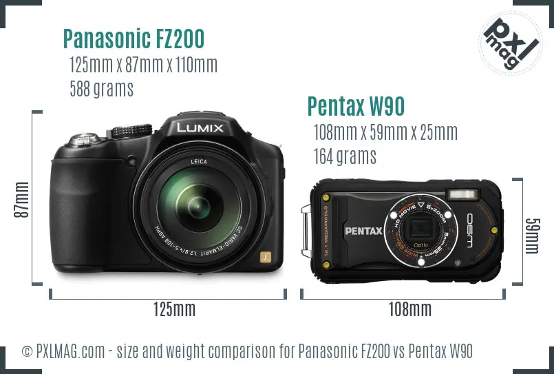 Panasonic FZ200 vs Pentax W90 size comparison
