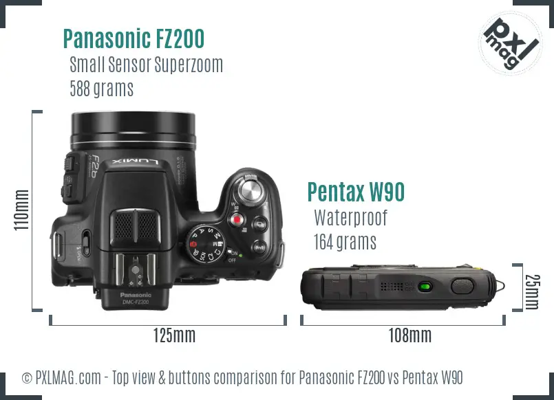 Panasonic FZ200 vs Pentax W90 top view buttons comparison
