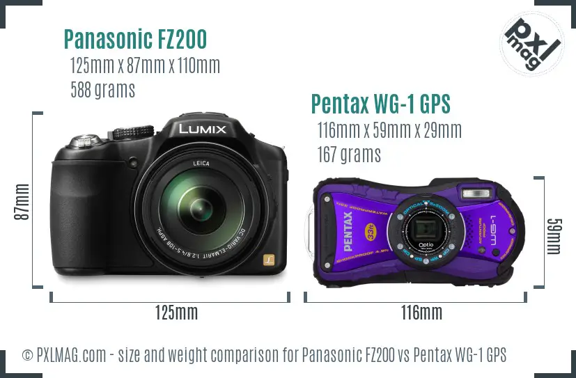 Panasonic FZ200 vs Pentax WG-1 GPS size comparison