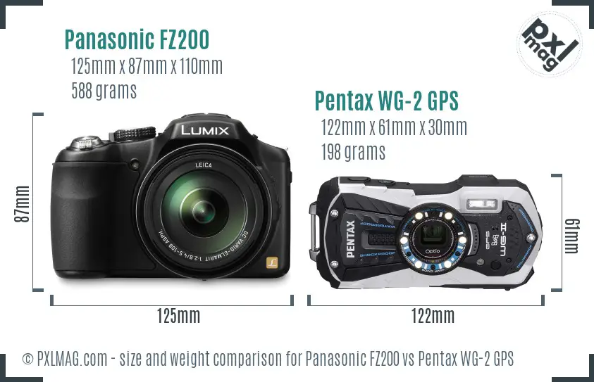 Panasonic FZ200 vs Pentax WG-2 GPS size comparison
