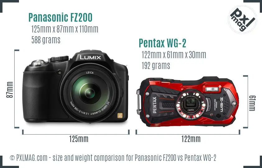 Panasonic FZ200 vs Pentax WG-2 size comparison