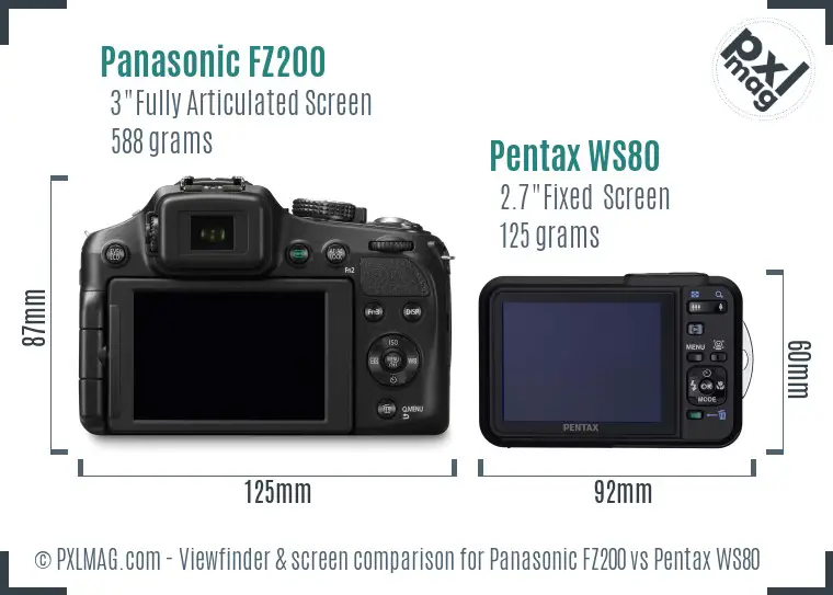 Panasonic FZ200 vs Pentax WS80 Screen and Viewfinder comparison