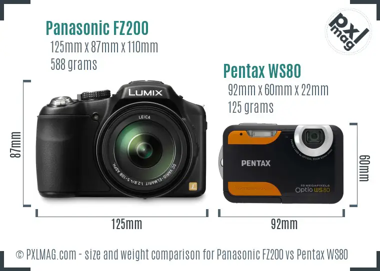 Panasonic FZ200 vs Pentax WS80 size comparison
