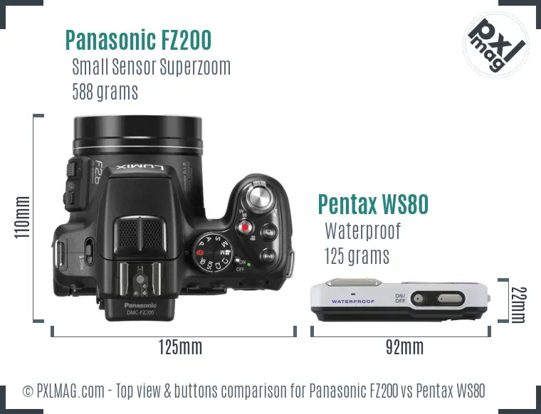 Panasonic FZ200 vs Pentax WS80 top view buttons comparison