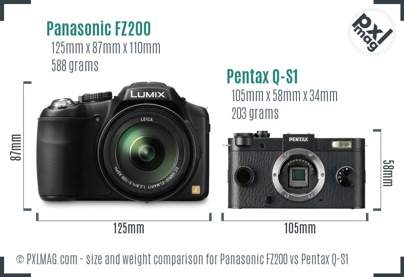 Panasonic FZ200 vs Pentax Q-S1 size comparison