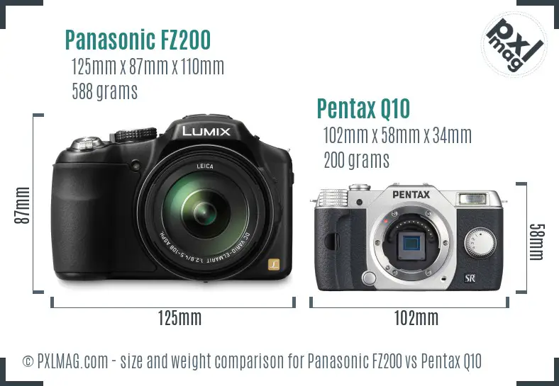 Panasonic FZ200 vs Pentax Q10 size comparison