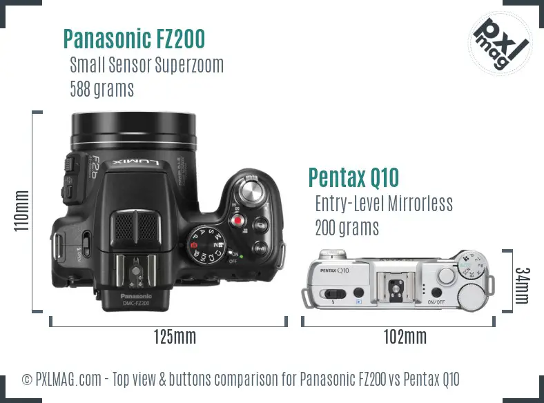 Panasonic FZ200 vs Pentax Q10 top view buttons comparison