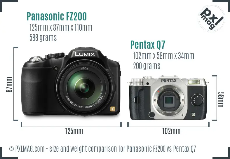 Panasonic FZ200 vs Pentax Q7 size comparison