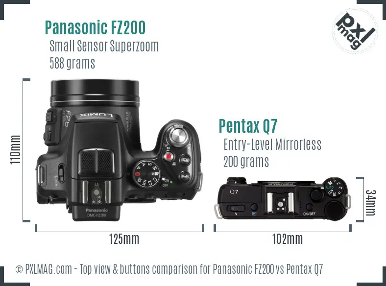 Panasonic FZ200 vs Pentax Q7 top view buttons comparison