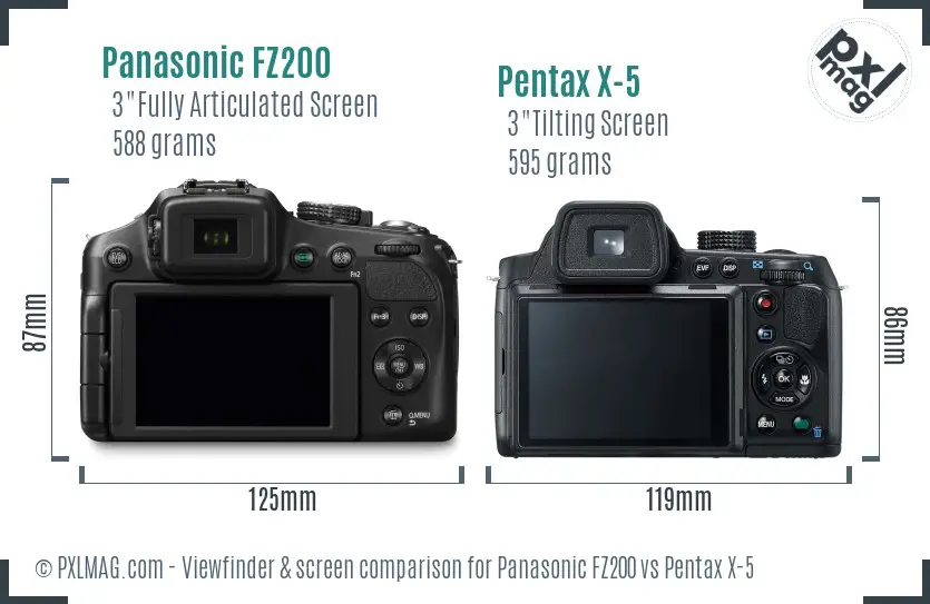 Panasonic FZ200 vs Pentax X-5 Screen and Viewfinder comparison