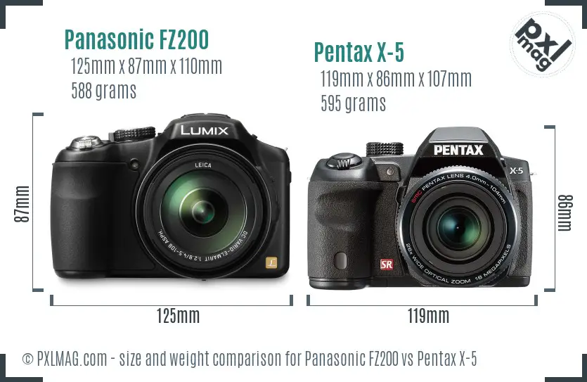 Panasonic FZ200 vs Pentax X-5 size comparison