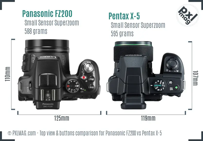 Panasonic FZ200 vs Pentax X-5 top view buttons comparison