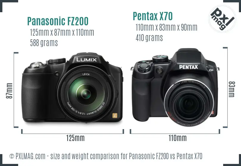 Panasonic FZ200 vs Pentax X70 size comparison