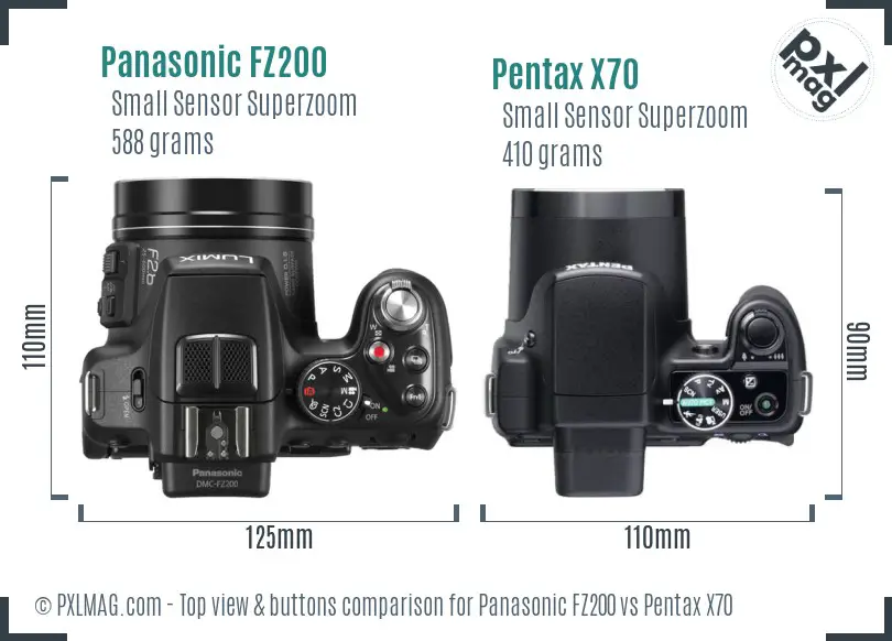 Panasonic FZ200 vs Pentax X70 top view buttons comparison