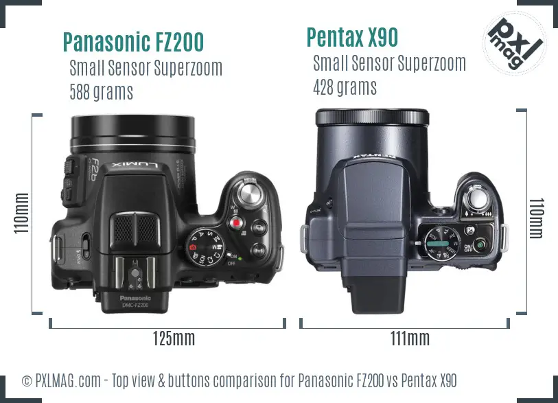 Panasonic FZ200 vs Pentax X90 top view buttons comparison