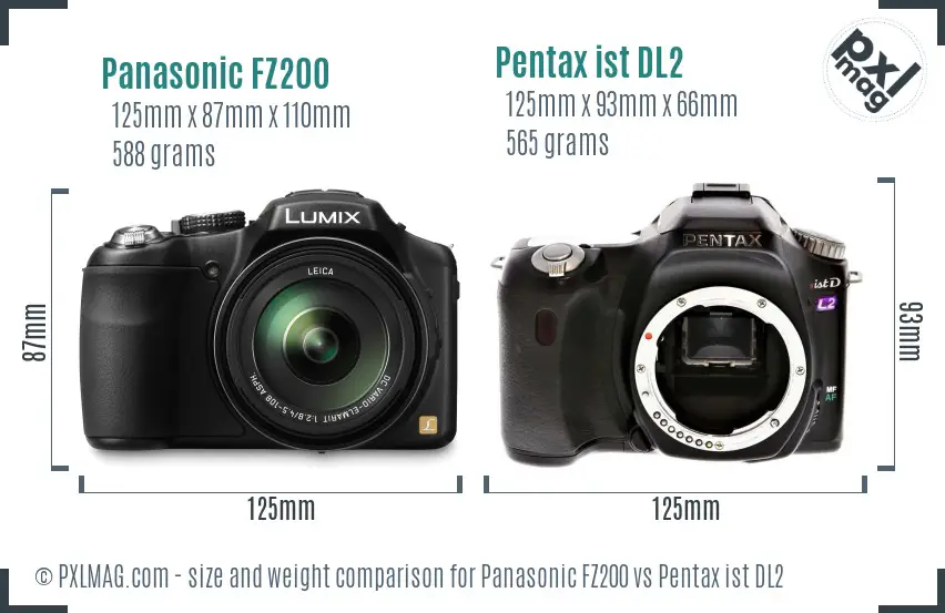 Panasonic FZ200 vs Pentax ist DL2 size comparison