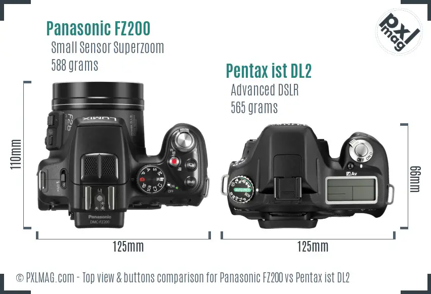 Panasonic FZ200 vs Pentax ist DL2 top view buttons comparison