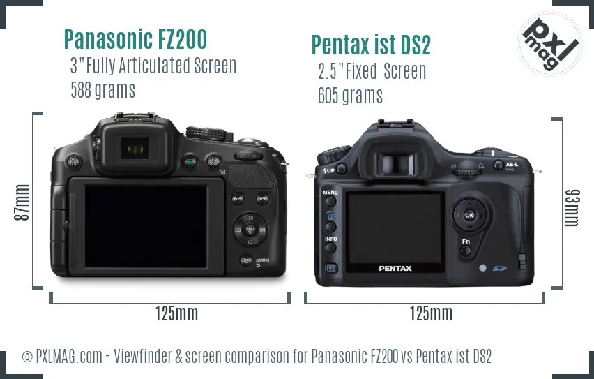 Panasonic FZ200 vs Pentax ist DS2 Screen and Viewfinder comparison