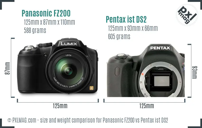 Panasonic FZ200 vs Pentax ist DS2 size comparison