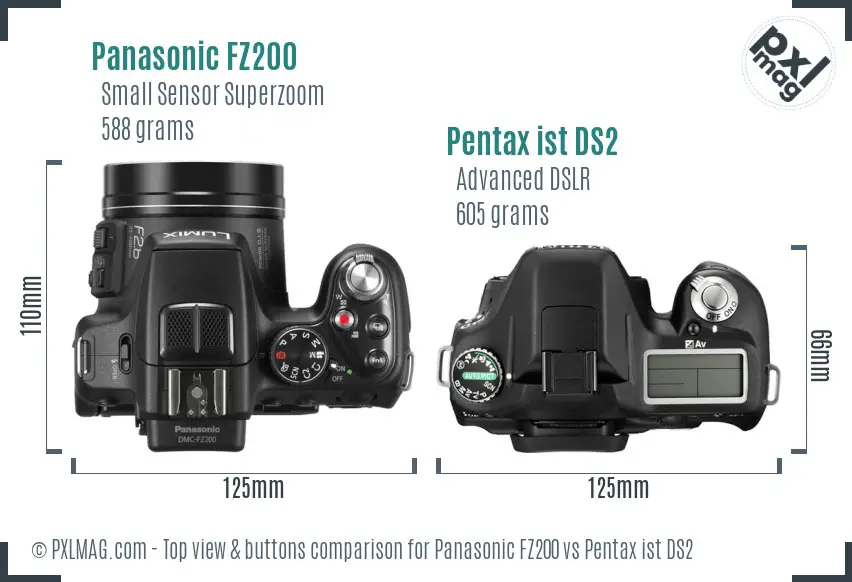 Panasonic FZ200 vs Pentax ist DS2 top view buttons comparison