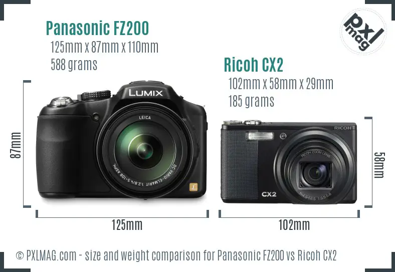Panasonic FZ200 vs Ricoh CX2 size comparison