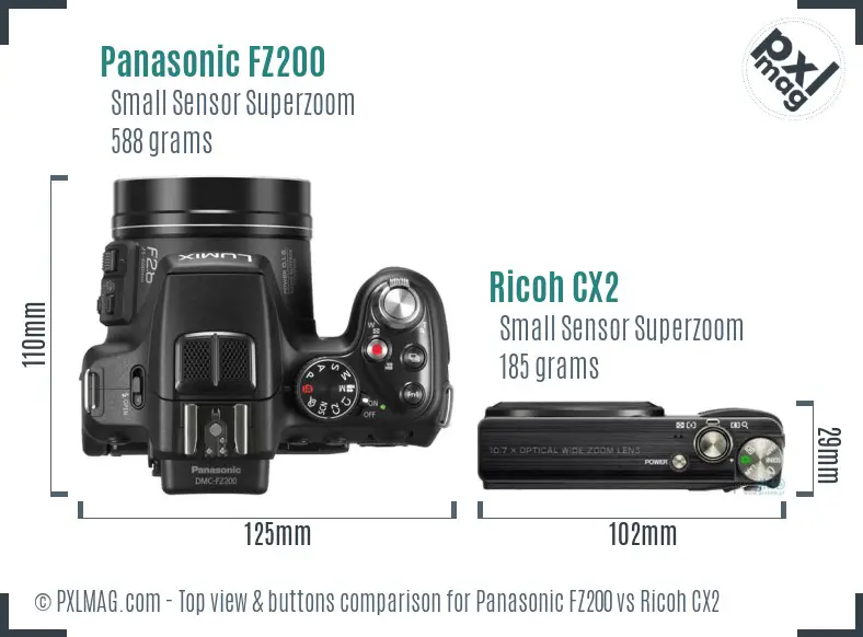 Panasonic FZ200 vs Ricoh CX2 top view buttons comparison
