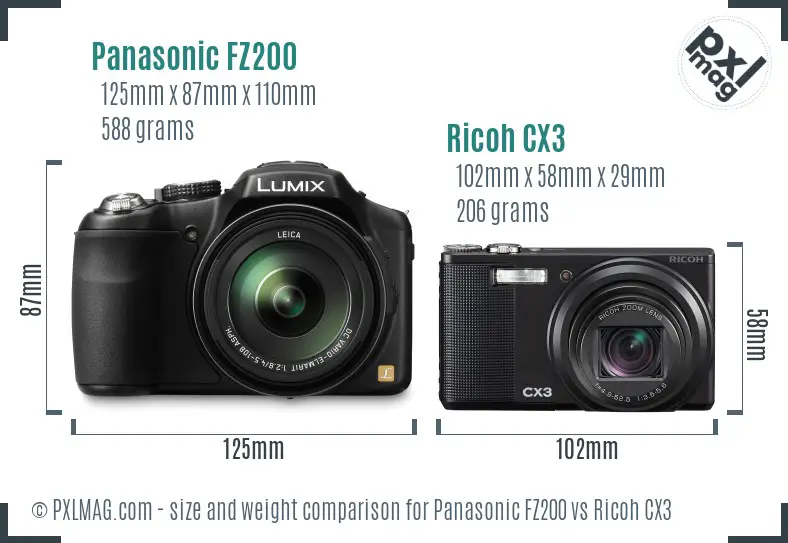 Panasonic FZ200 vs Ricoh CX3 size comparison