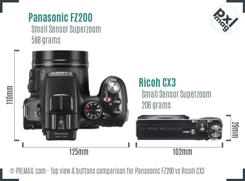 Panasonic FZ200 vs Ricoh CX3 top view buttons comparison