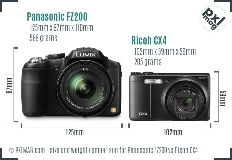 Panasonic FZ200 vs Ricoh CX4 size comparison