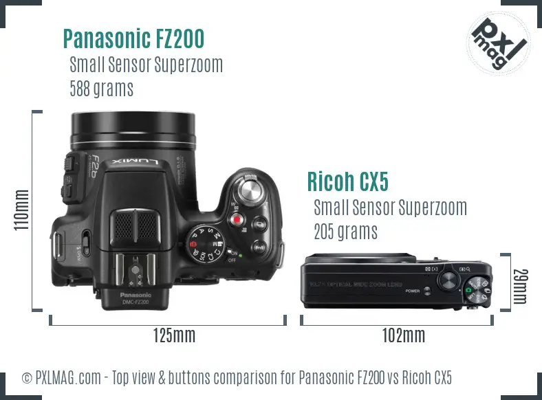 Panasonic FZ200 vs Ricoh CX5 top view buttons comparison