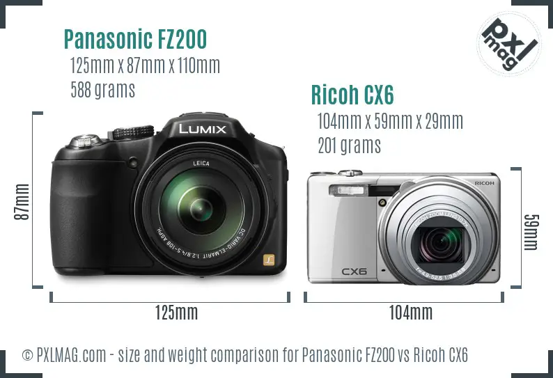 Panasonic FZ200 vs Ricoh CX6 size comparison
