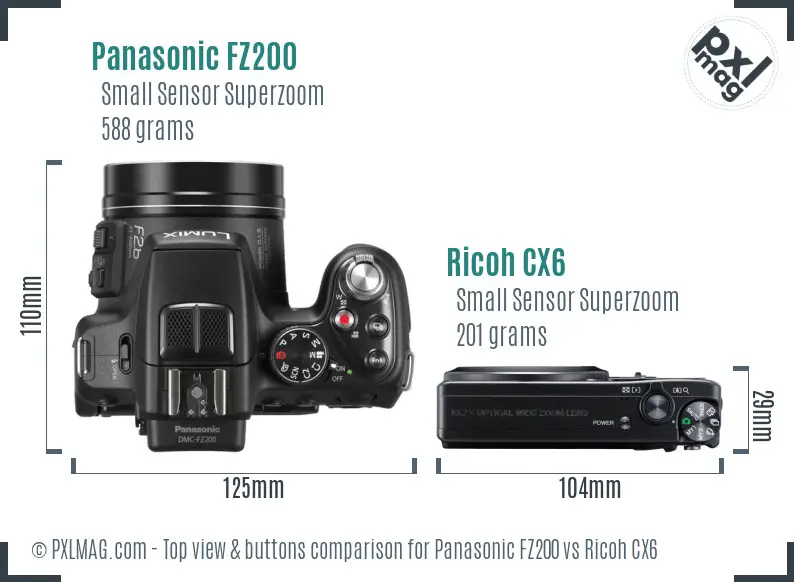 Panasonic FZ200 vs Ricoh CX6 top view buttons comparison