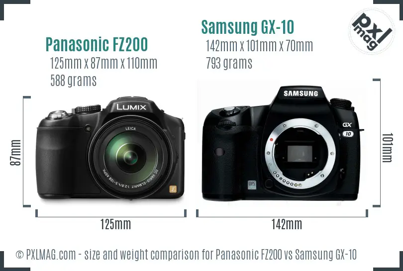 Panasonic FZ200 vs Samsung GX-10 size comparison