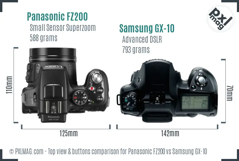 Panasonic FZ200 vs Samsung GX-10 top view buttons comparison