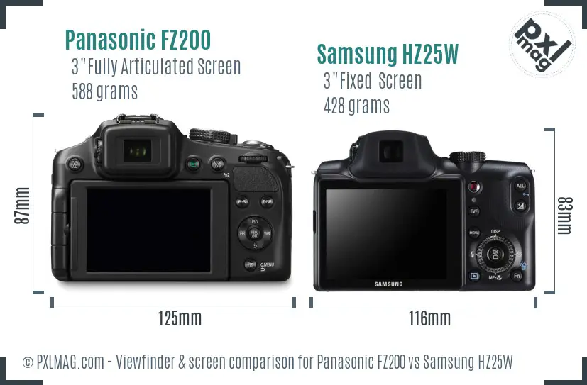 Panasonic FZ200 vs Samsung HZ25W Screen and Viewfinder comparison
