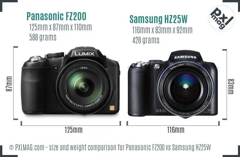 Panasonic FZ200 vs Samsung HZ25W size comparison