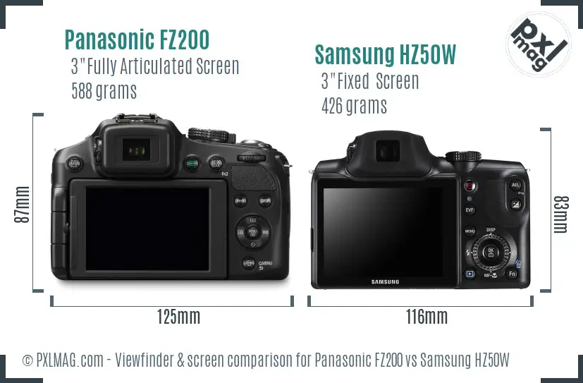Panasonic FZ200 vs Samsung HZ50W Screen and Viewfinder comparison