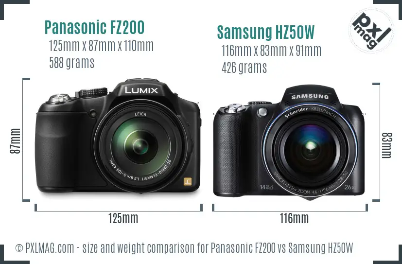 Panasonic FZ200 vs Samsung HZ50W size comparison