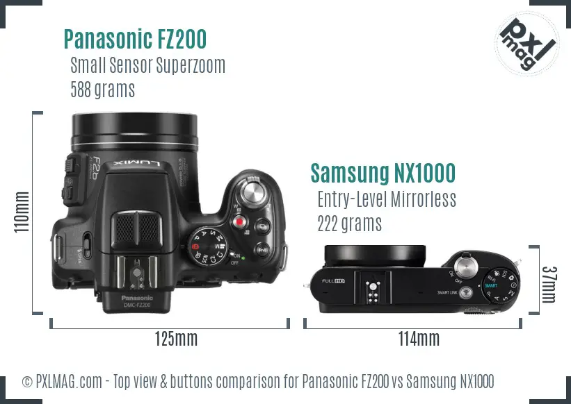 Panasonic FZ200 vs Samsung NX1000 top view buttons comparison