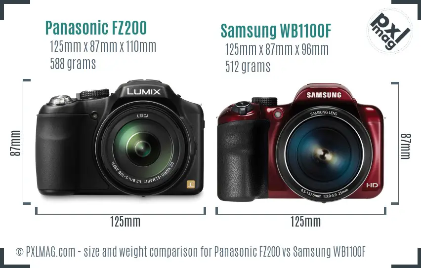 Panasonic FZ200 vs Samsung WB1100F size comparison