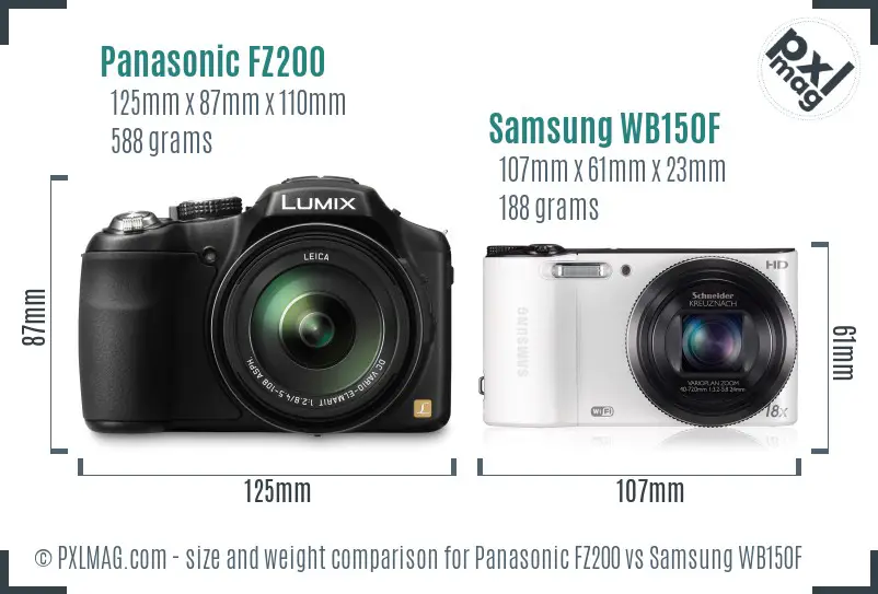 Panasonic FZ200 vs Samsung WB150F size comparison