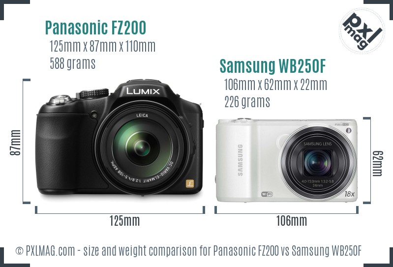 Panasonic FZ200 vs Samsung WB250F size comparison