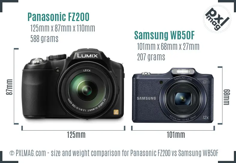 Panasonic FZ200 vs Samsung WB50F size comparison