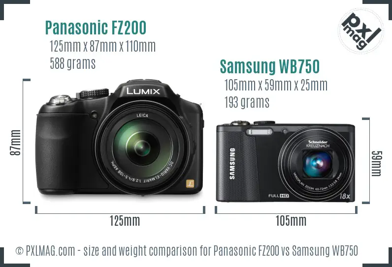 Panasonic FZ200 vs Samsung WB750 size comparison