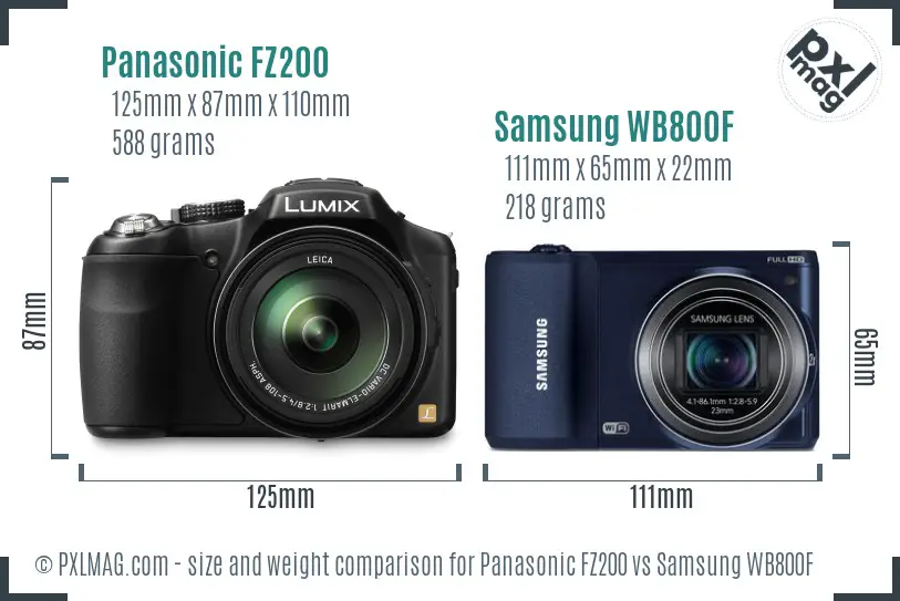 Panasonic FZ200 vs Samsung WB800F size comparison