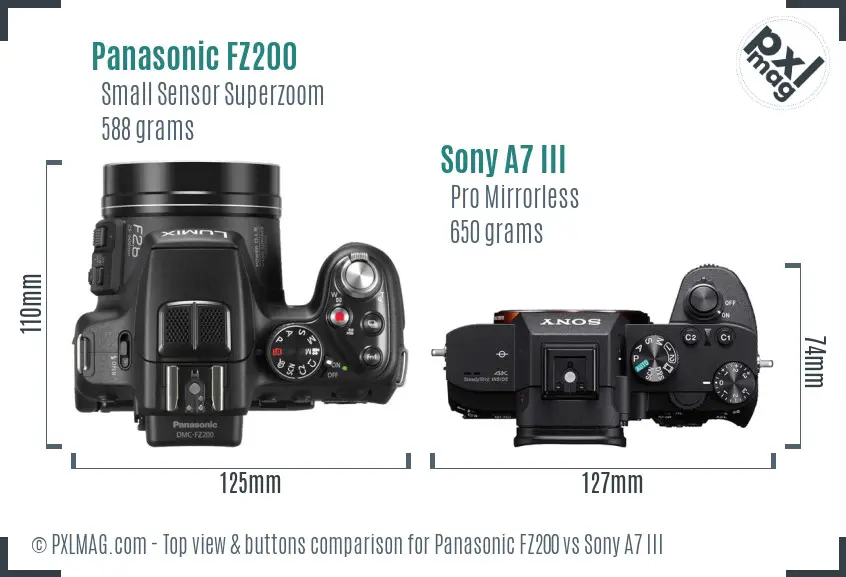 Panasonic FZ200 vs Sony A7 III top view buttons comparison Panasonic FZ200 vs Sony A7 III top view buttons comparison