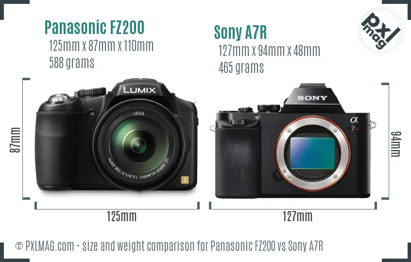 Panasonic FZ200 vs Sony A7R size comparison