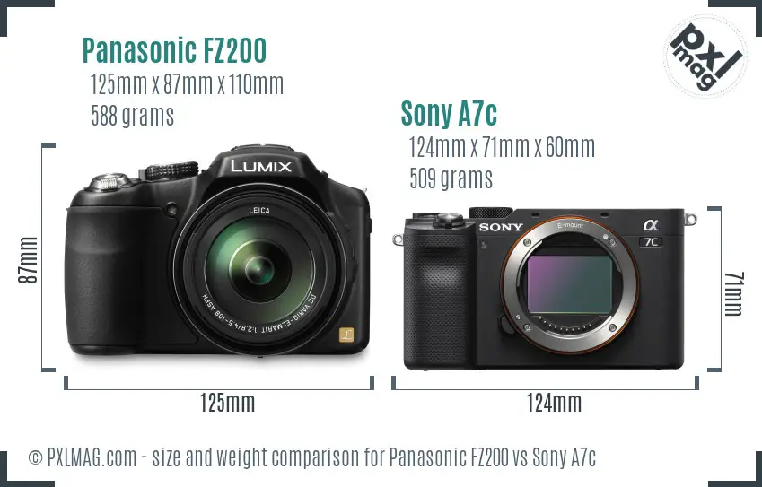 Panasonic FZ200 vs Sony A7c size comparison Panasonic FZ200 vs Sony A7c size comparison